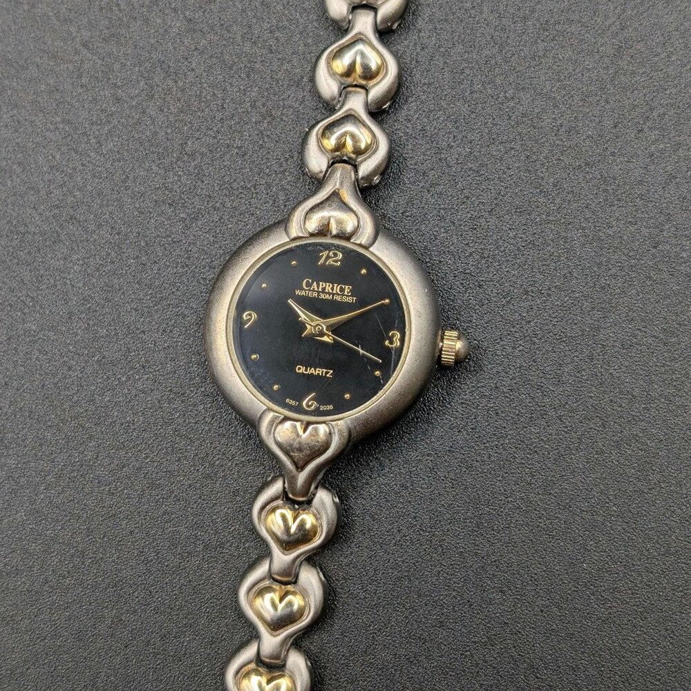 Dainty Vintage Caprice Quartz Ladies Watch, Two-Tone Bracelet Black Dial
